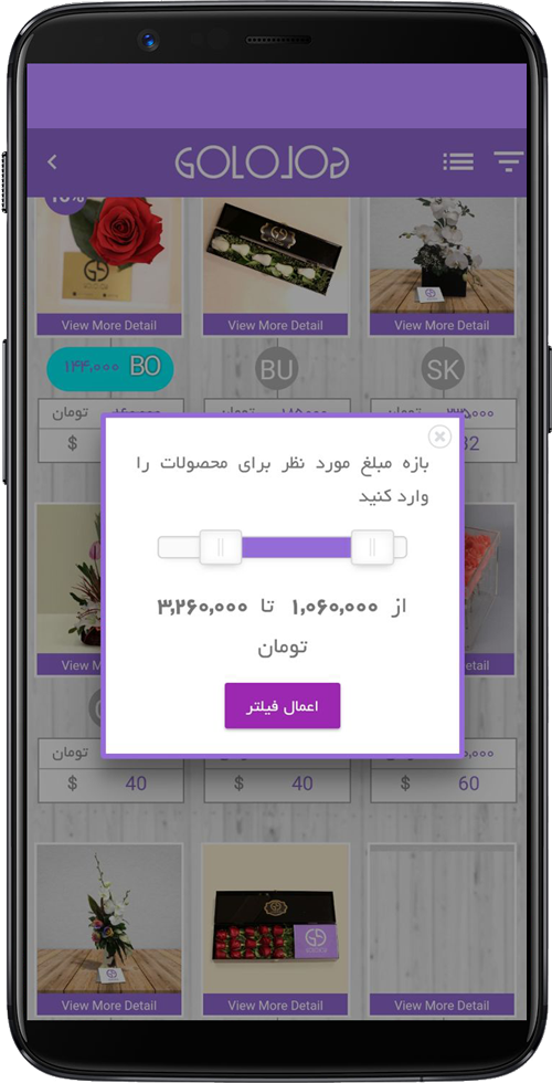 قابلیت فیلتر کردن قیمت گلها